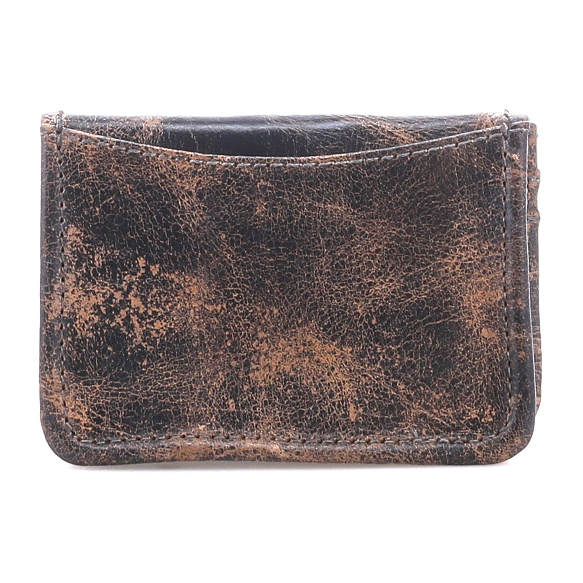 The Jeor card wallet by Bed|Stü is crafted from distressed brown rustic leather with visible scuffs and creases, offers practical credit card slots, and is photographed against a white background.