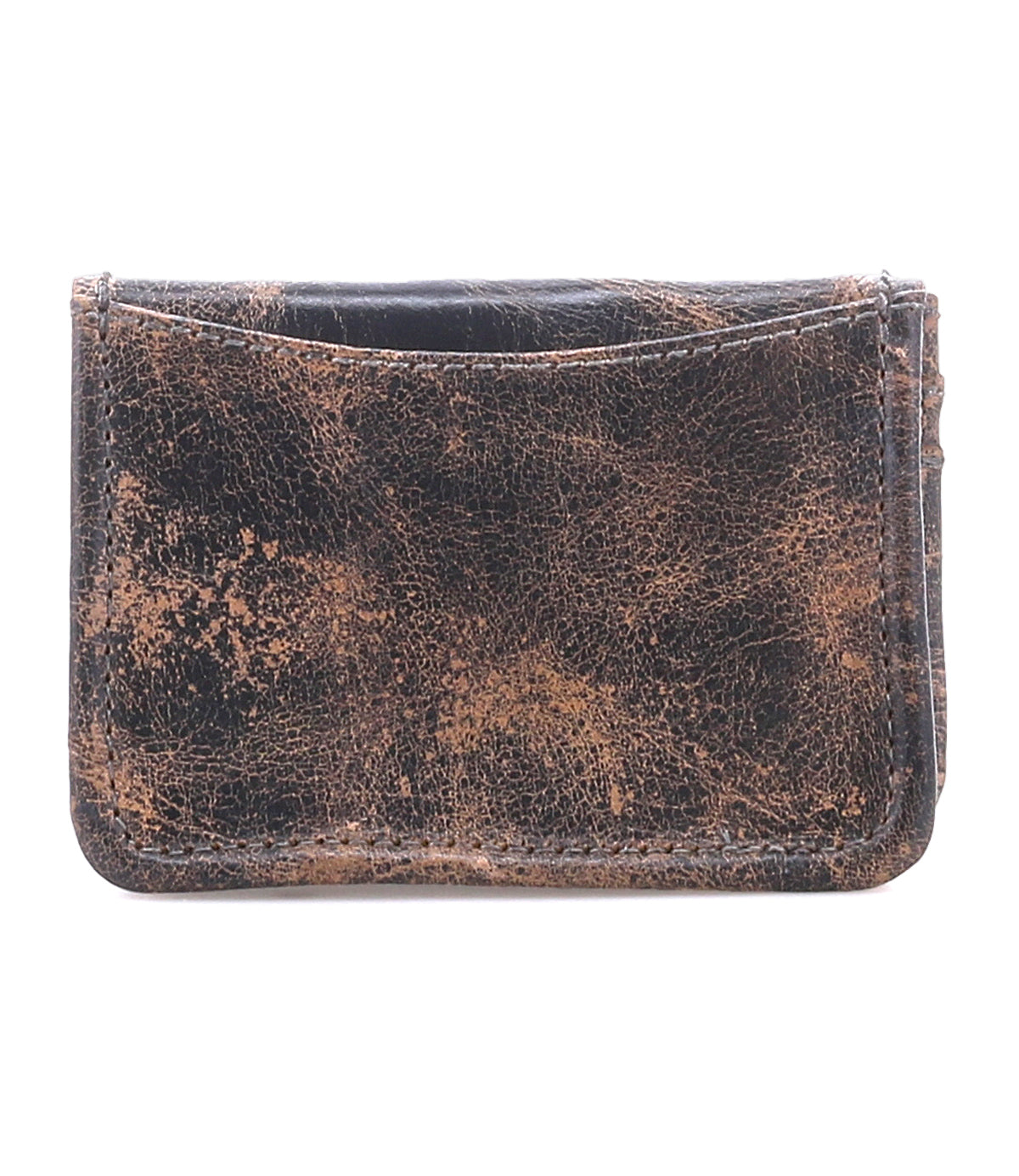 The Jeor card wallet by Bed|Stü is crafted from distressed brown rustic leather with visible scuffs and creases, offers practical credit card slots, and is photographed against a white background.
