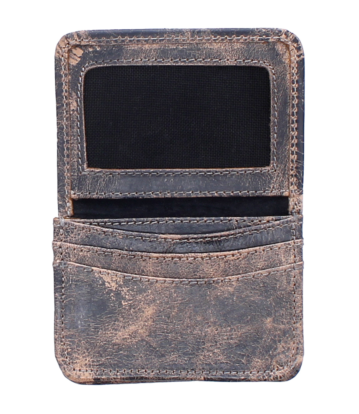 The Bed|Stü Jeor is a worn brown rustic leather card wallet, featuring an ID window and two credit card slots, shown open and empty against a white background.