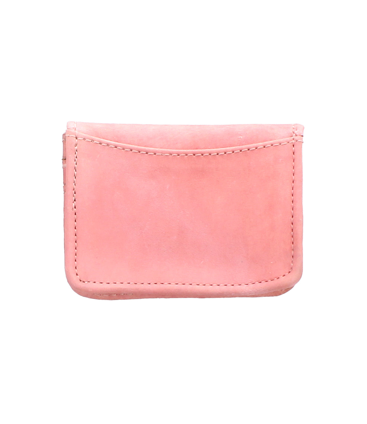 The Bed|Stü Jeor is a small, rectangular card wallet crafted from light pink rustic leather, featuring visible stitching and a single top pocket—ideal for anyone who prefers a compact wallet design.