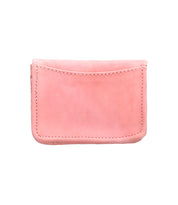 The Bed|Stü Jeor is a small, rectangular card wallet crafted from light pink rustic leather, featuring visible stitching and a single top pocket—ideal for anyone who prefers a compact wallet design.