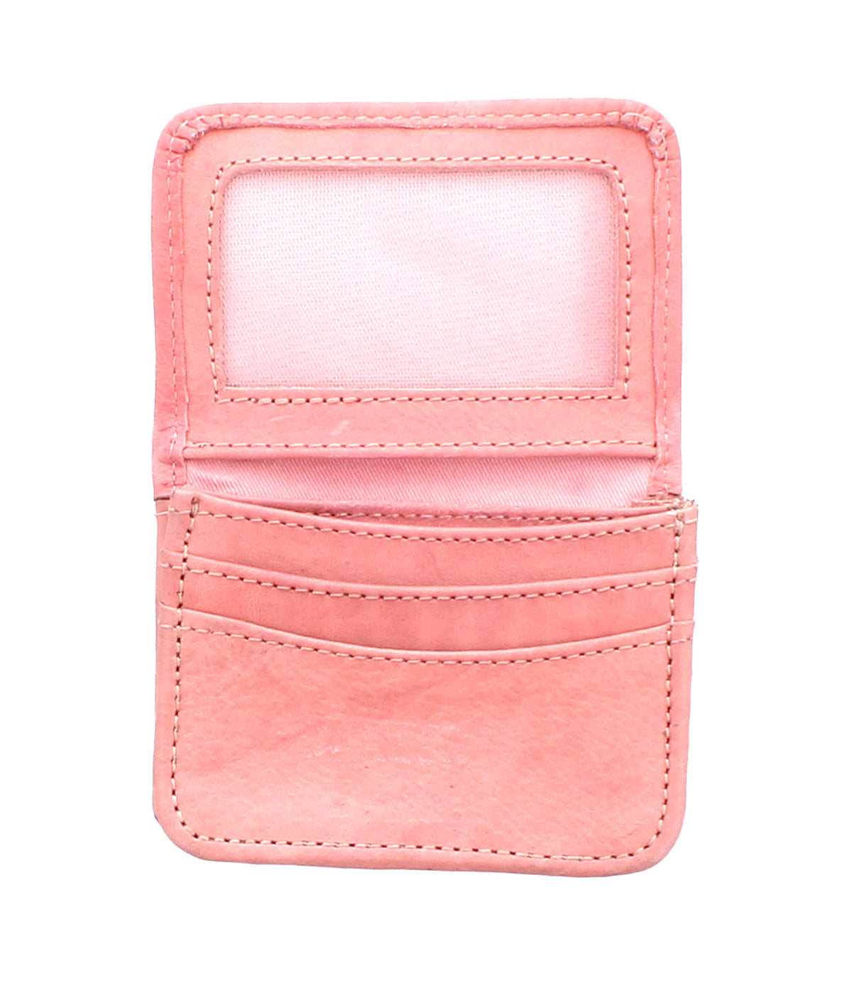 A small, open Bed|Stü Jeor wallet in pink, featuring credit card slots and a clear ID window, photographed against a white background.