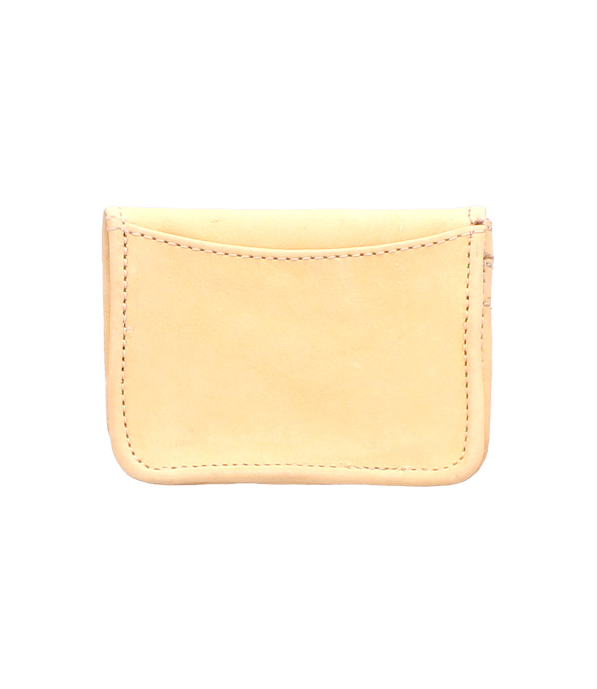The Bed|Stü Jeor is a small, rectangular card wallet crafted from light tan rustic leather with visible stitching and convenient credit card slots, displayed against a white background.