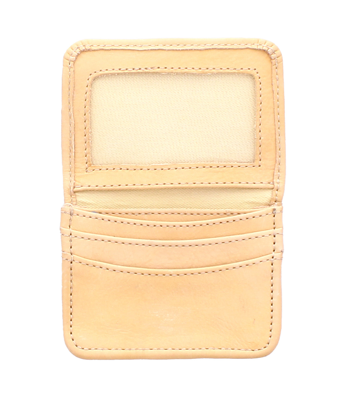 The Bed|Stü Jeor card wallet in open beige rustic leather, featuring multiple credit card slots and a transparent ID window, is displayed vertically on a white background.