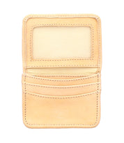 The Bed|Stü Jeor card wallet in open beige rustic leather, featuring multiple credit card slots and a transparent ID window, is displayed vertically on a white background.