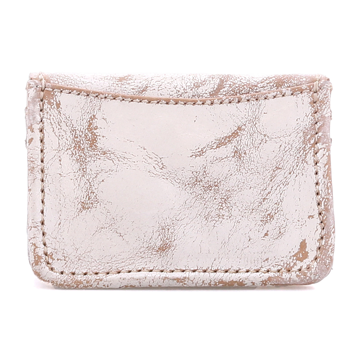 Introducing Jeor by Bed|Stü—a small, rectangular card wallet crafted from worn, light beige leather with a textured surface and visible stitching. This rustic accessory is photographed against a white background.