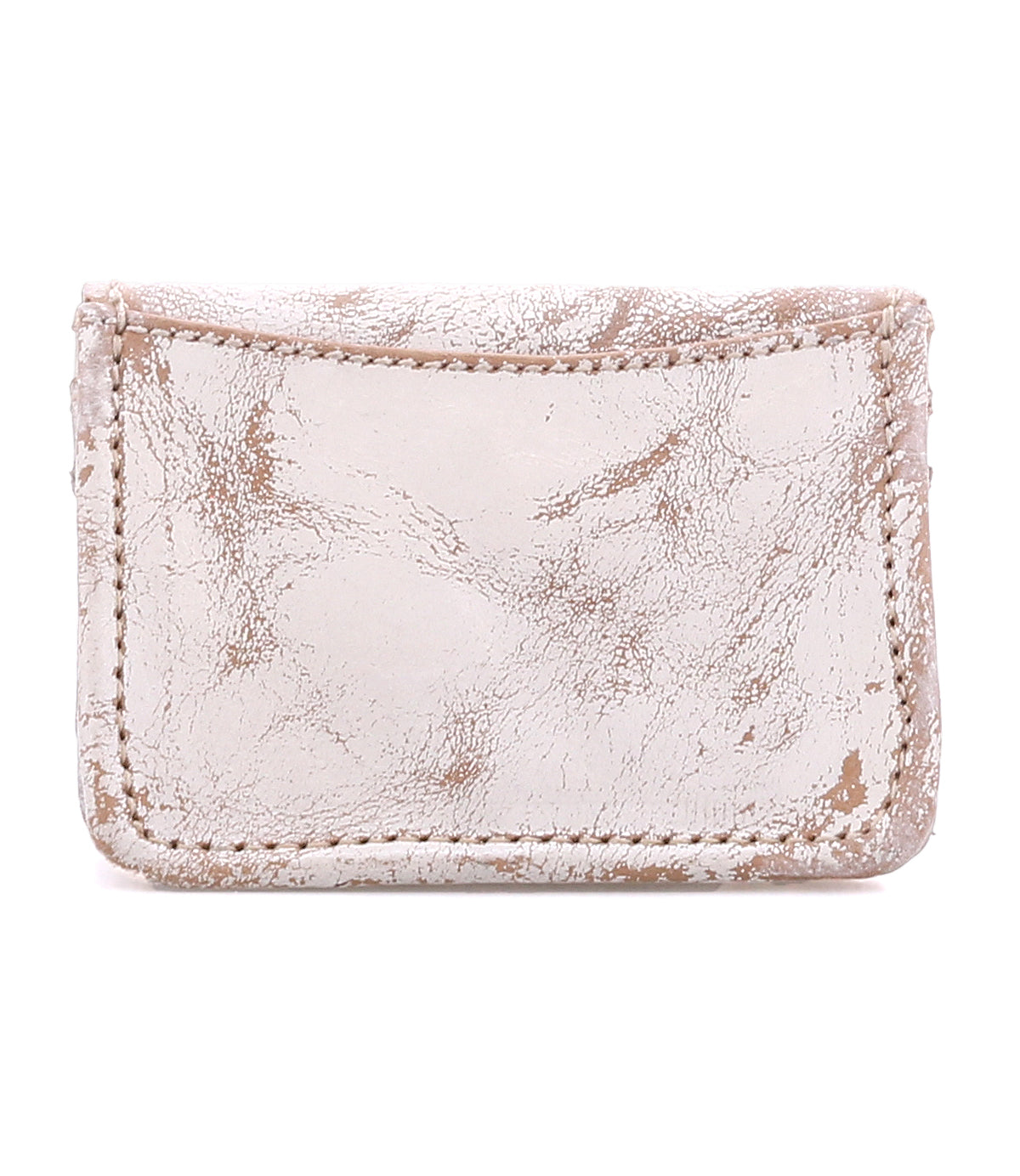 Introducing Jeor by Bed|Stü—a small, rectangular card wallet crafted from worn, light beige leather with a textured surface and visible stitching. This rustic accessory is photographed against a white background.