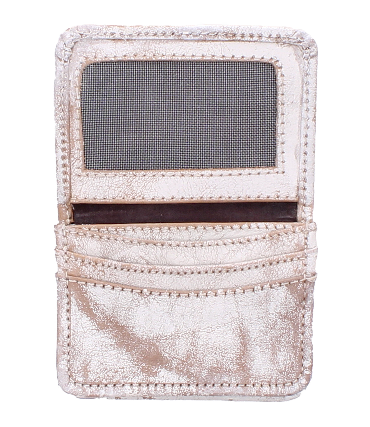 The Bed|Stü Jeor is a metallic, textured compact wallet featuring a clear ID window, two credit card slots, and an additional pocket, displayed open against a white background.
