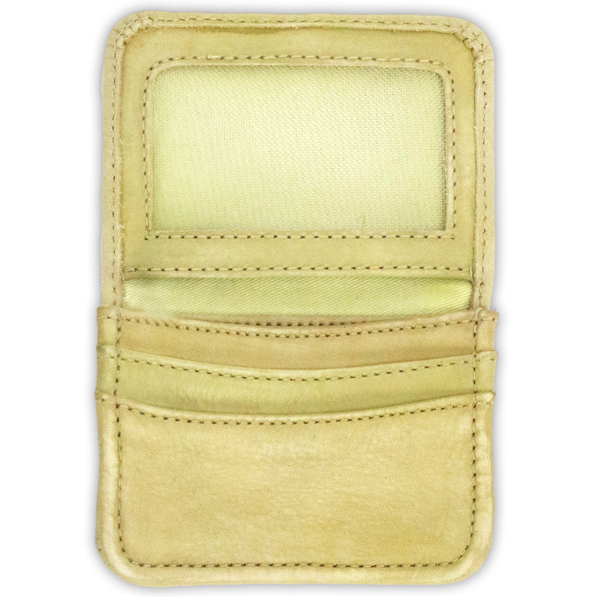 The Bed|Stü Jeor beige rustic leather card wallet is pictured open on a white background, revealing its transparent ID slot, two credit card slots, and a larger pocket—all empty. This compact wallet seamlessly combines minimalism with classic style.