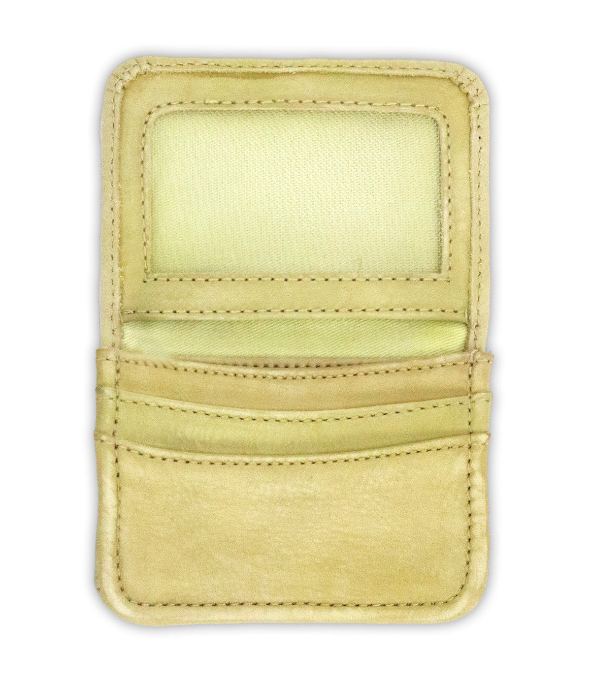 The Bed|Stü Jeor beige rustic leather card wallet is pictured open on a white background, revealing its transparent ID slot, two credit card slots, and a larger pocket—all empty. This compact wallet seamlessly combines minimalism with classic style.