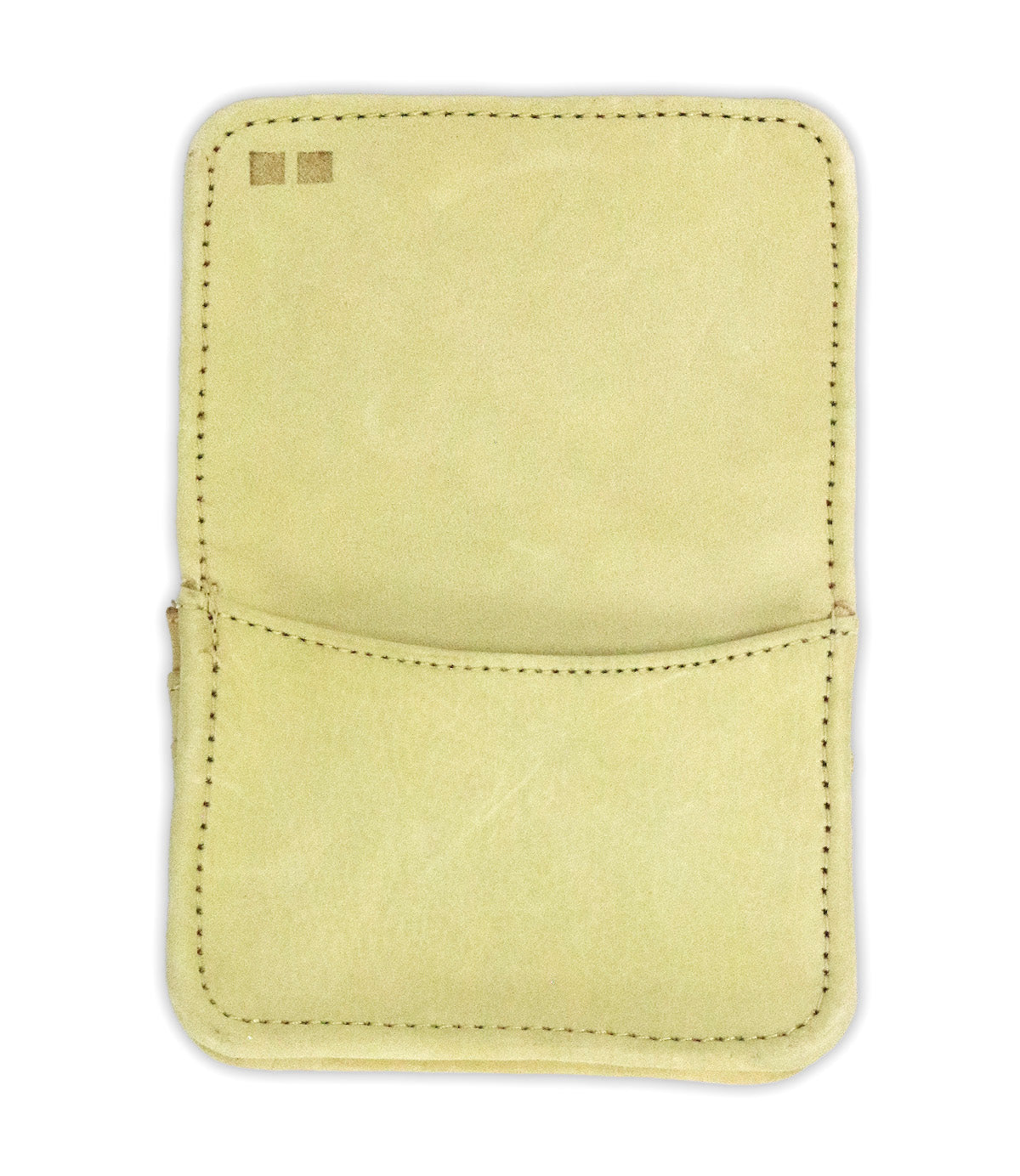 The Jeor wallet by Bed|Stü is a compact beige leather pouch featuring visible stitching, an open design with a single main pocket, and a small rectangular accent in the top left corner—offering a modern take on the classic rustic leather card wallet.