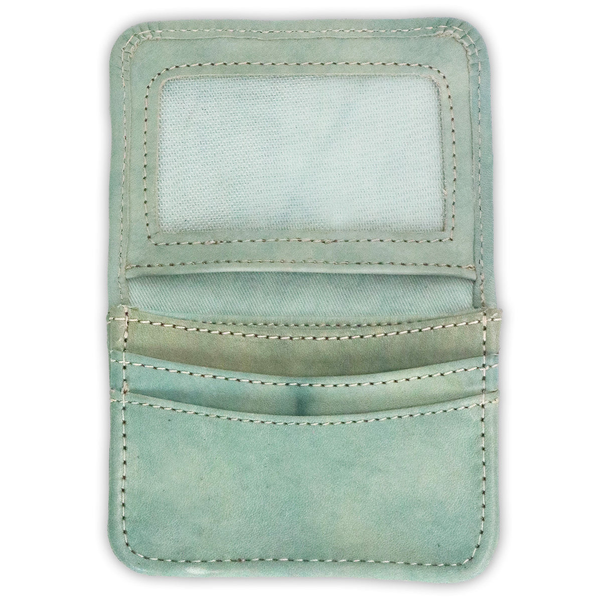 The Bed|Stü Jeor wallet in light green showcases its rustic leather construction, opening to reveal multiple credit card slots and a transparent ID window, with all compartments empty, photographed against a white background.