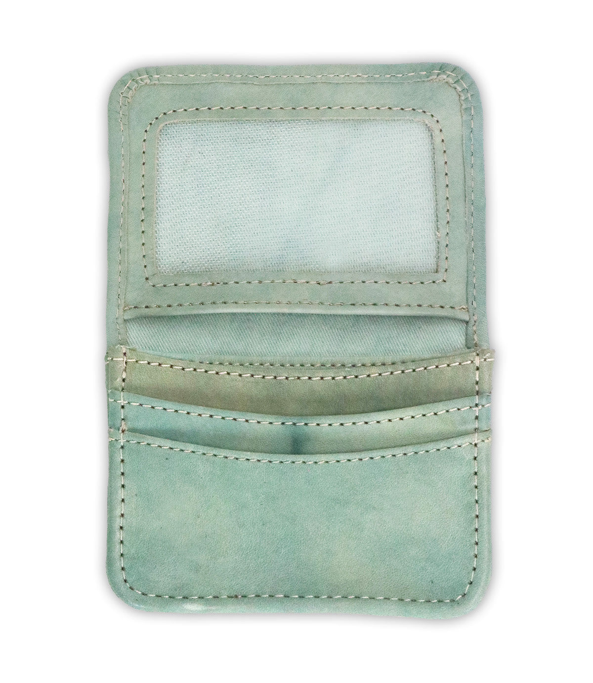 The Bed|Stü Jeor wallet in light green showcases its rustic leather construction, opening to reveal multiple credit card slots and a transparent ID window, with all compartments empty, photographed against a white background.