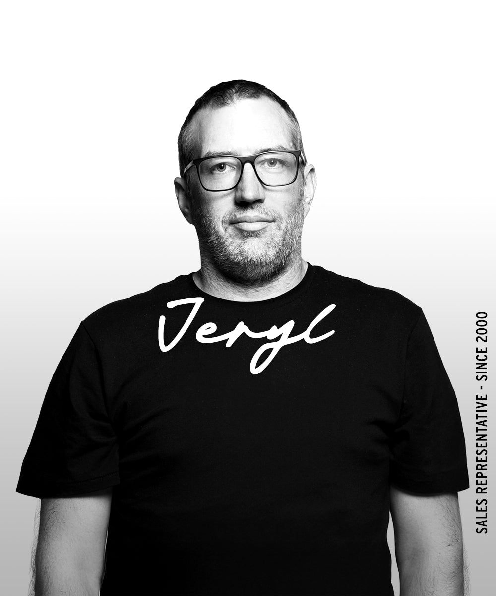 Black-and-white portrait of a man with the name “Jeryl” overlaid and vertical text reading “Sales Representative · Since 2000.”