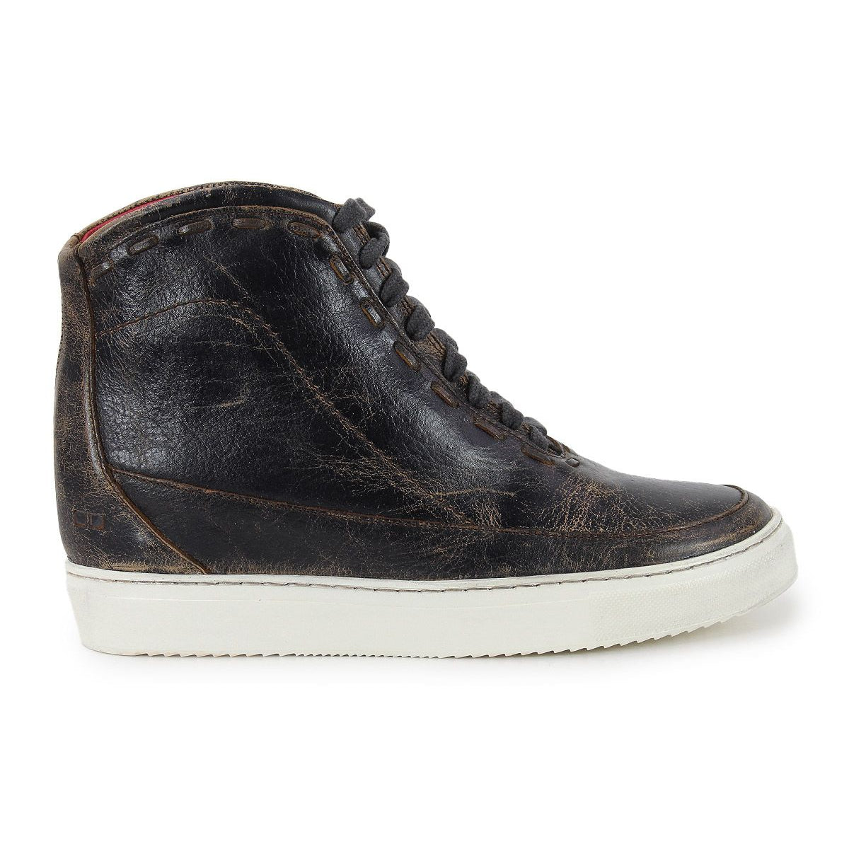 A single black Bed|Stü Joyce II high-top leather sneaker with a distressed texture, black laces, and a lace-up front, featuring a hidden heel and white rubber sole, is shown in profile view facing left.