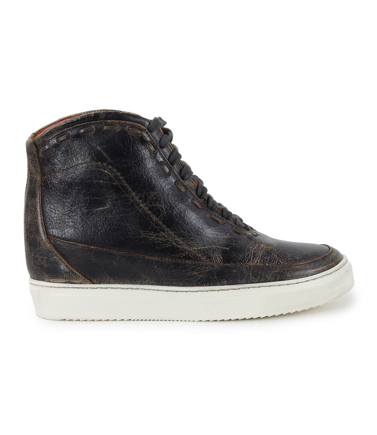 A single black Bed|Stü Joyce II high-top leather sneaker with a distressed texture, black laces, and a lace-up front, featuring a hidden heel and white rubber sole, is shown in profile view facing left.