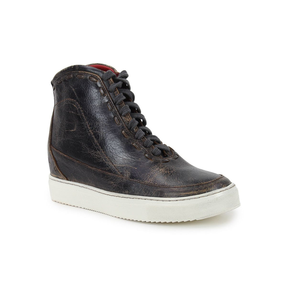 A single black high-top leather sneaker, the Joyce II by Bed|Stü, featuring visible creases, brown stitching, a lace-up front with black laces, and a white rubber sole, displayed on a white background.