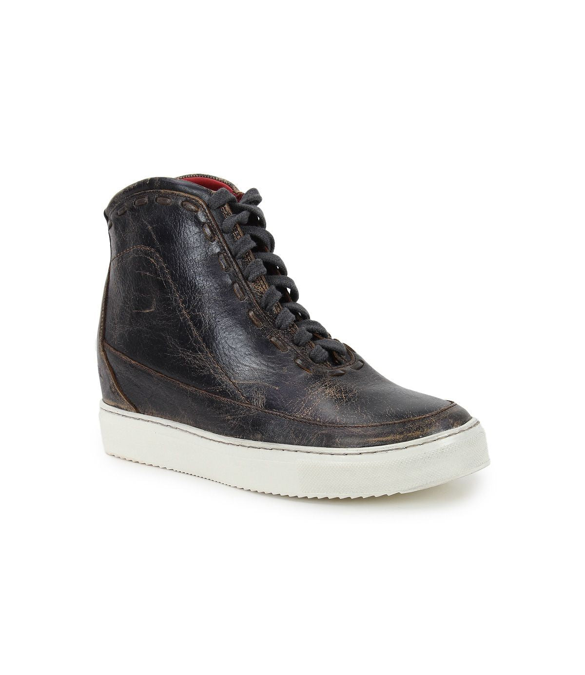 A single black high-top leather sneaker, the Joyce II by Bed|Stü, featuring visible creases, brown stitching, a lace-up front with black laces, and a white rubber sole, displayed on a white background.