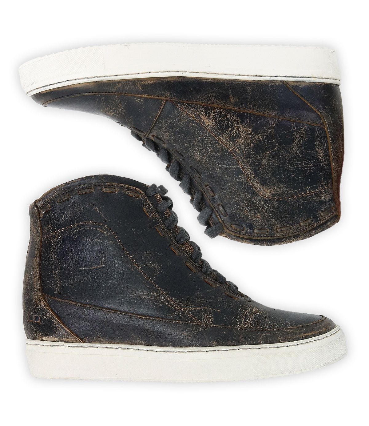 Two worn black leather Bed|Stü Joyce II high-top sneakers with white rubber soles are placed side by side on a white background, displaying their outer sides. These lace-up front shoes feature a subtle hidden heel for added style and lift.