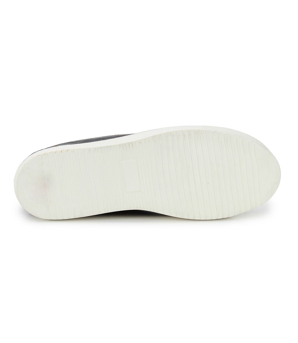 The image displays the bottom view of a white rubber sole from the Bed|Stü Joyce II, featuring a simple tread pattern and a distinctive small rectangular indentation in the center. This style typically includes a lace-up front for secure fitting.