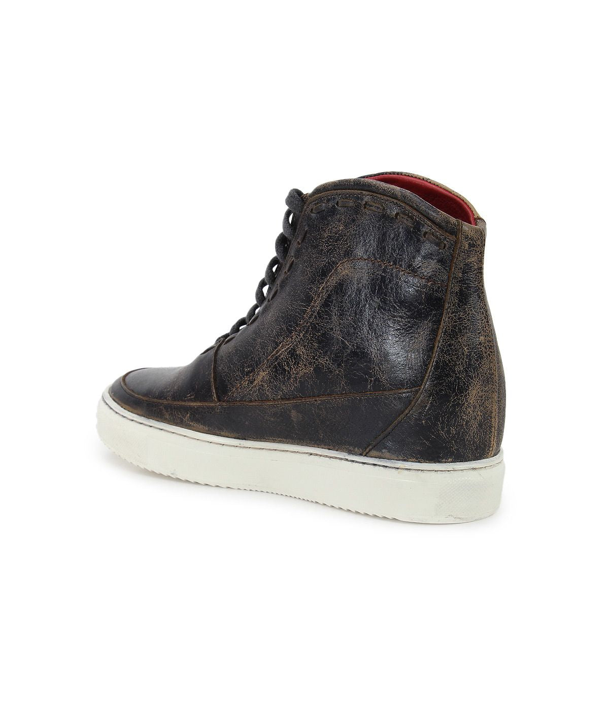 A single Bed|Stü Joyce II high-top sneaker in distressed black leather, featuring a lace-up front, white rubber sole, and hidden heel, shown from the back and slightly angled to the side.