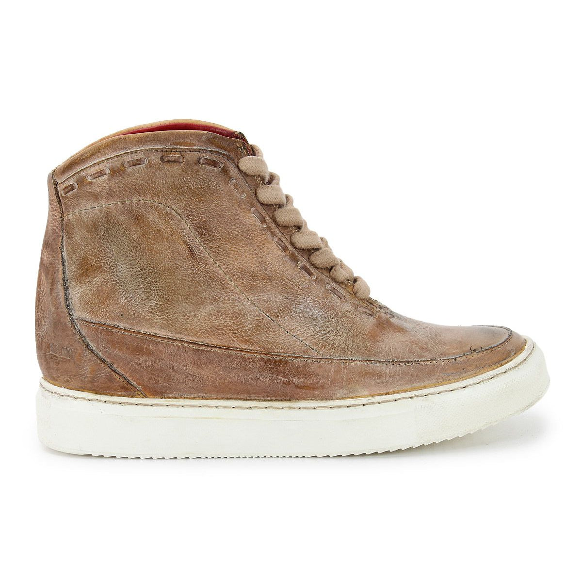 The Bed|Stü Joyce II is a brown leather high-top sneaker featuring a lace-up front with beige laces and a white rubber sole, displayed in side profile against a white background.