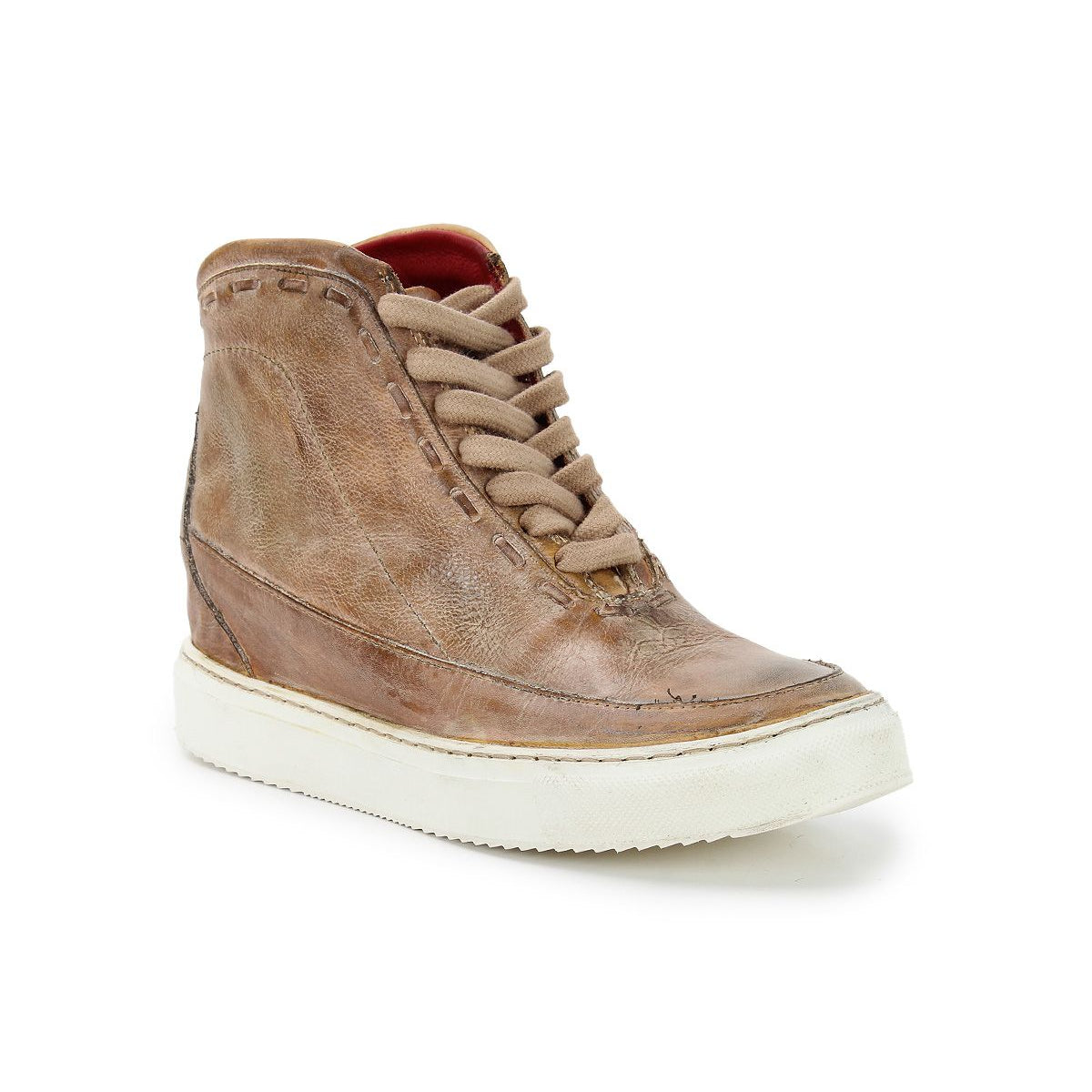 A single Joyce II high-top sneaker by Bed|Stü, crafted in brown leather with tan laces and a lace-up front, featuring a white rubber sole and shown angled to the left against a white background.