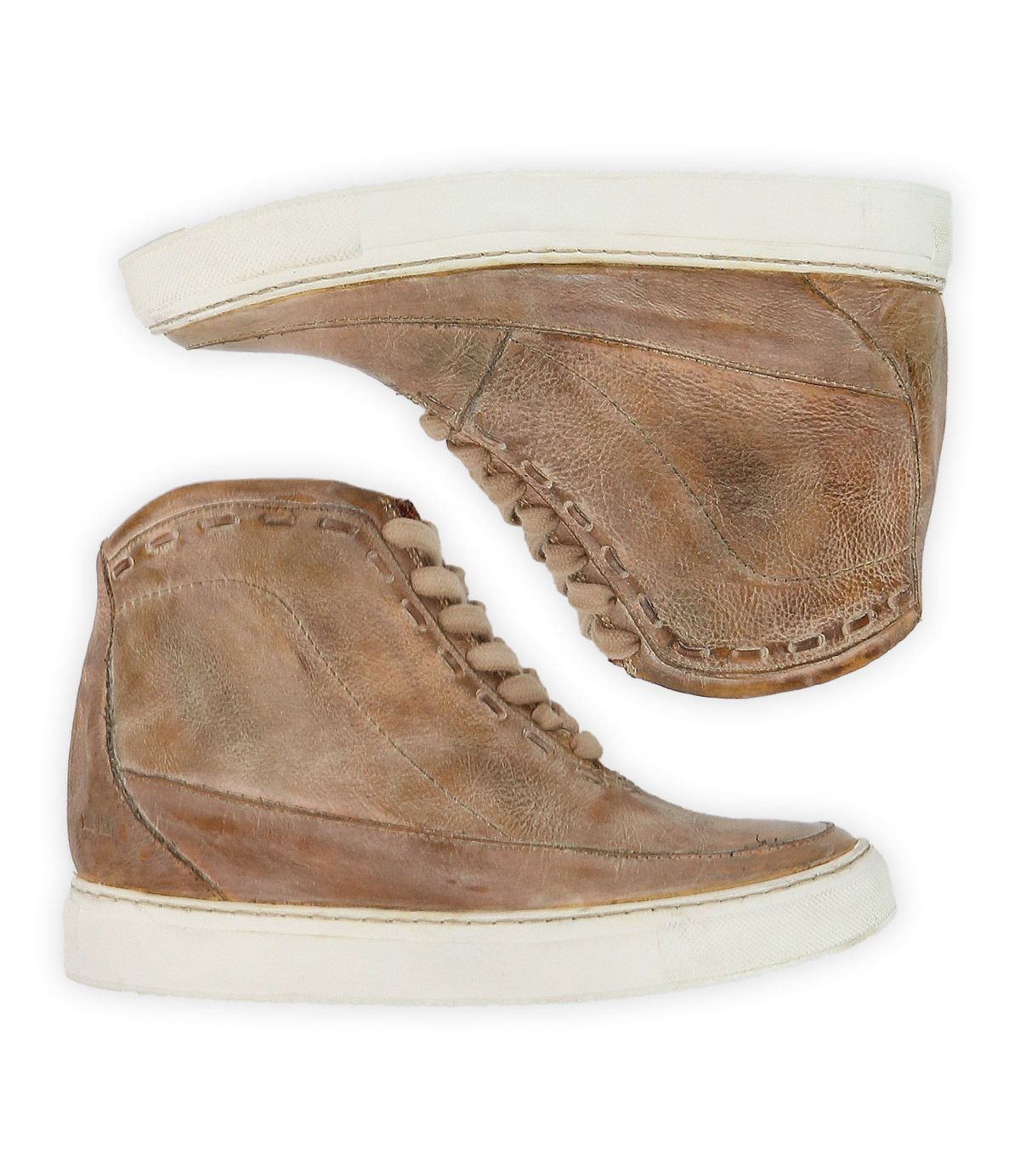 The Bed|Stü Joyce II sneakers are brown leather high-tops featuring a lace-up front and white rubber soles, shown side by side on a white background.