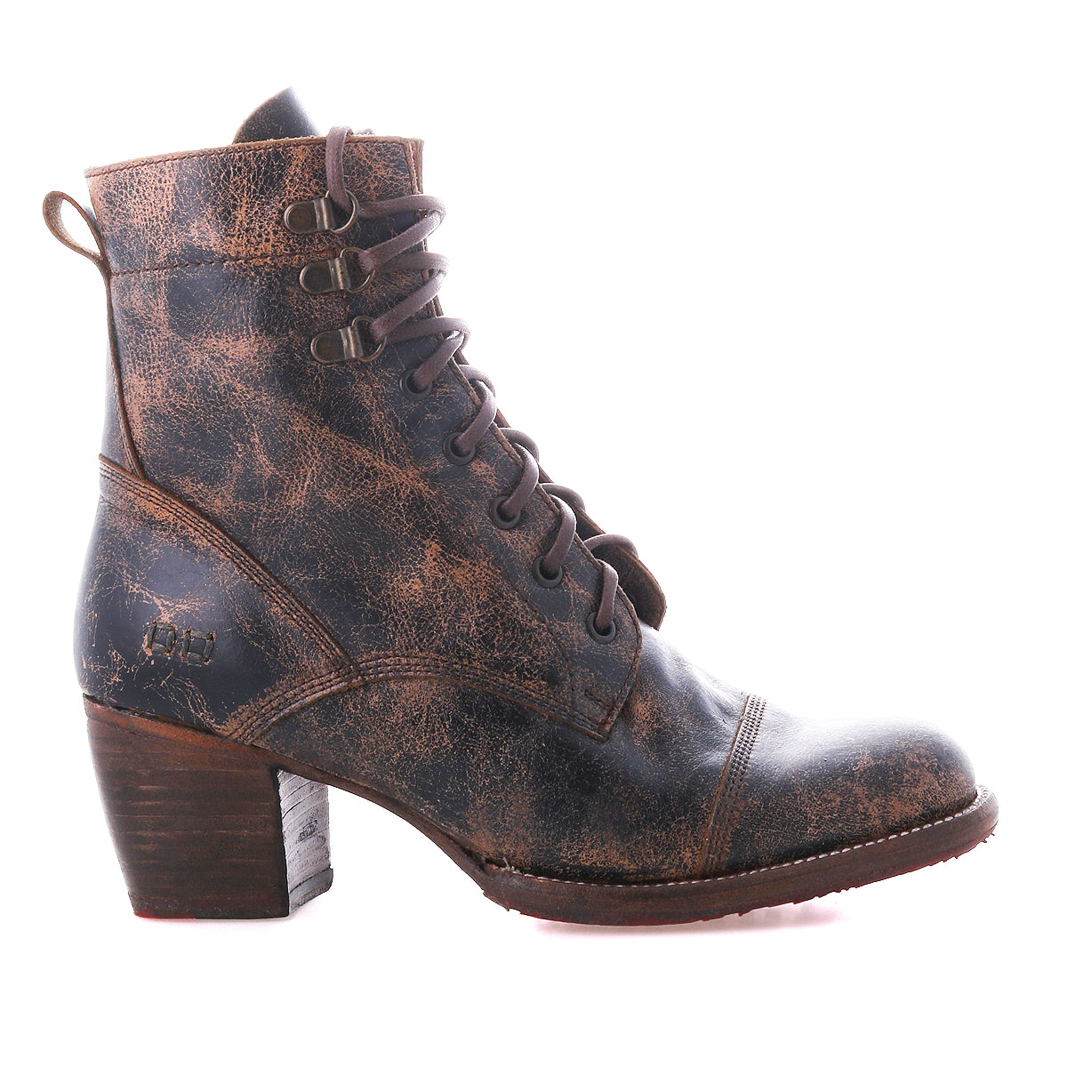 A single Bed|Stü Judgement boot, crafted in distressed brown leather with a lace-up front, chunky mid-height block heel, and cap toe, is shown in profile against a white background.