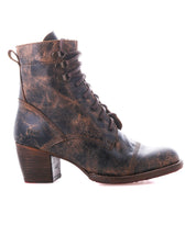 A single Bed|Stü Judgement boot, crafted in distressed brown leather with a lace-up front, chunky mid-height block heel, and cap toe, is shown in profile against a white background.