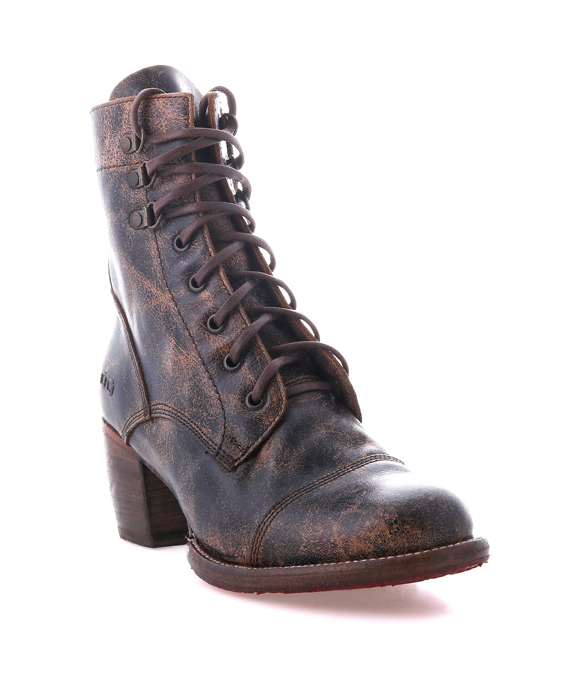 A single Judgement boot by Bed|Stü, crafted from brown leather with a cap toe, lace-up front, block heel, distressed finish, and visible stitching, is photographed against a white background.
