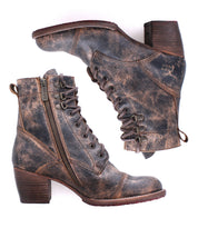 A pair of Bed|Stü Judgement brown leather lace-up ankle boots with cap toes, side zippers, and chunky stacked heels is shown against a white background.