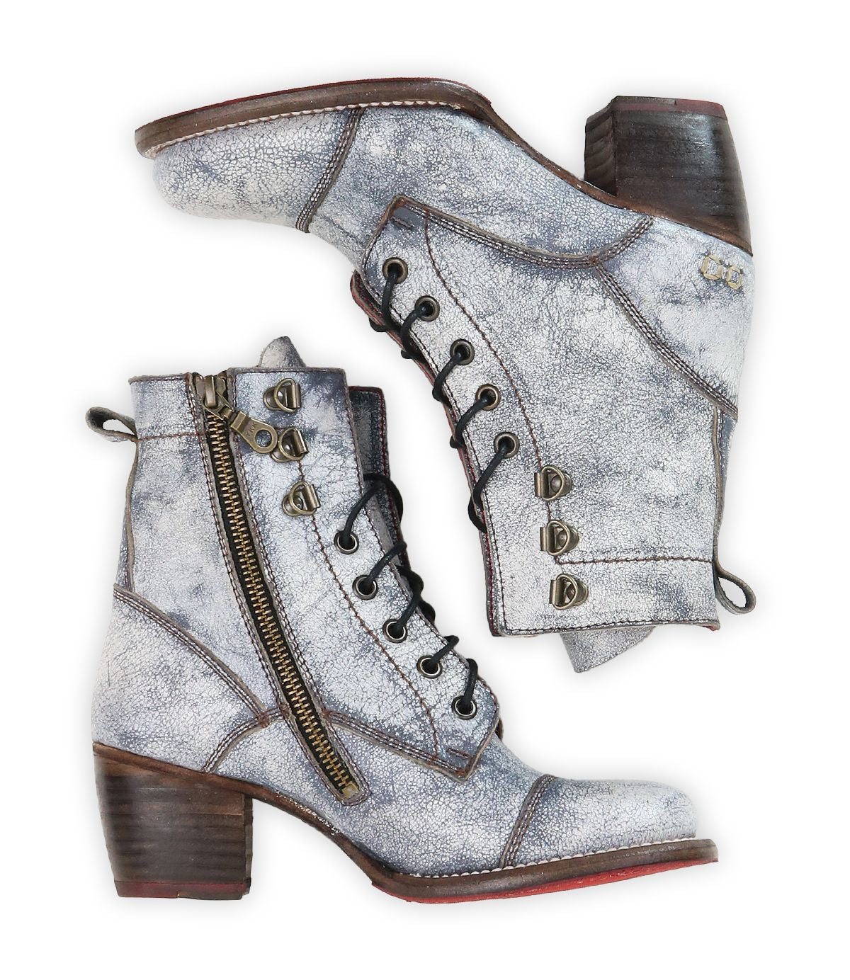 Bed|Stü Judgement distressed gray leather lace-up boots feature a cap toe design, wooden block heels, side zippers, and metal eyelet details, shown on a white background.