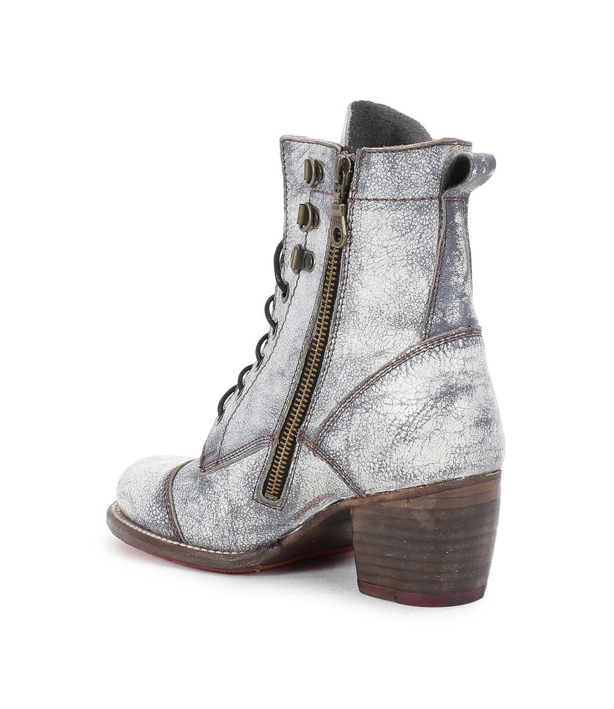 The Bed|Stü Judgement boot is a distressed gray leather lace-up style featuring a cap toe, side zipper, stacked wooden heel, and a slightly worn look, shown against a white background.