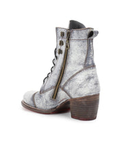 The Bed|Stü Judgement boot is a distressed gray leather lace-up style featuring a cap toe, side zipper, stacked wooden heel, and a slightly worn look, shown against a white background.
