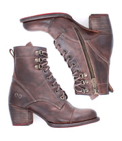 The Bed|Stü Judgement boots are a pair of brown leather lace-up ankle boots with side zippers and chunky block heels, featuring a cushioned insole for enhanced comfort. Displayed from both a side and top-down perspective, these block heel boots are shown isolated on a white background.