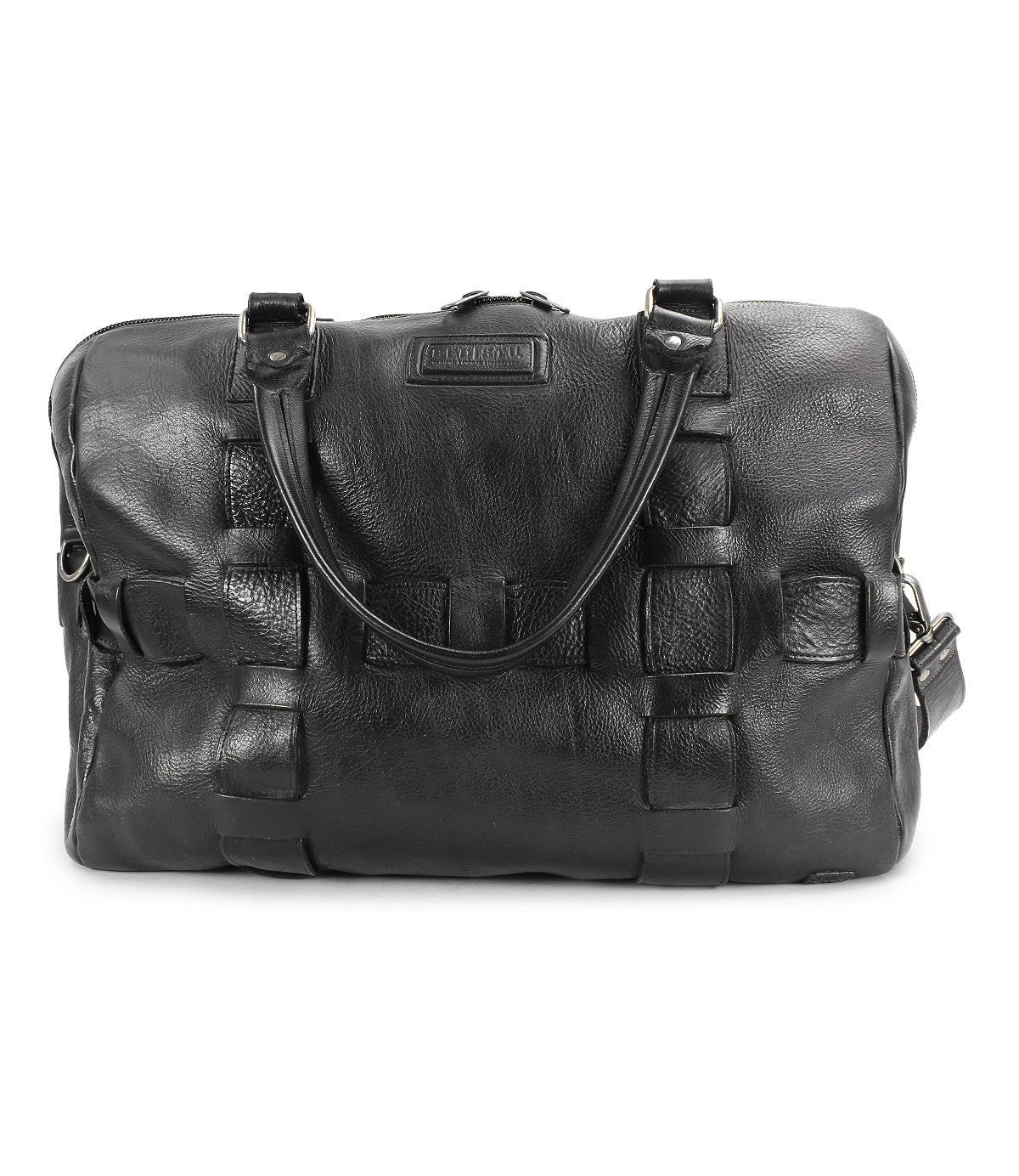 The Bed|Stü Keg is a black vegetable tanned leather duffel bag featuring dual handles, a detachable shoulder strap, and stitched detailing on the front.