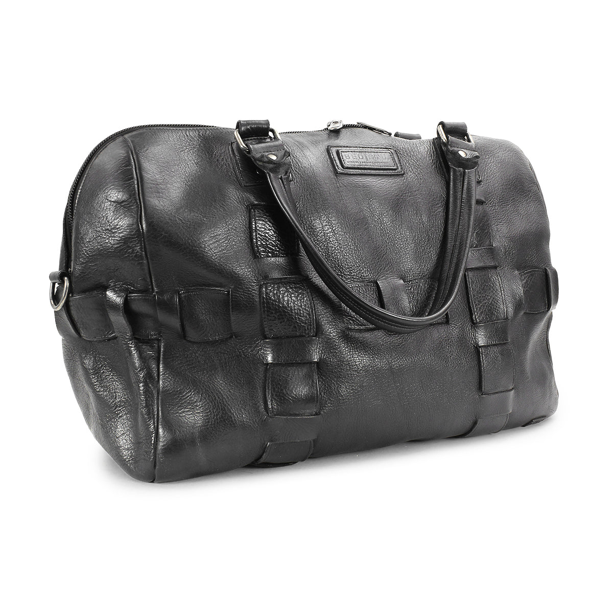 The Bed|Stü Keg is a black vegetable tanned leather duffle bag featuring woven detailing, two handles, and a zipper closure, displayed on a white background.