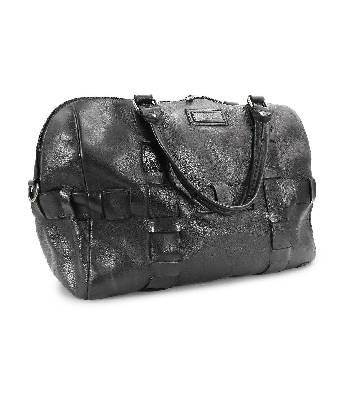 The Bed|Stü Keg is a black vegetable tanned leather duffle bag featuring woven detailing, two handles, and a zipper closure, displayed on a white background.