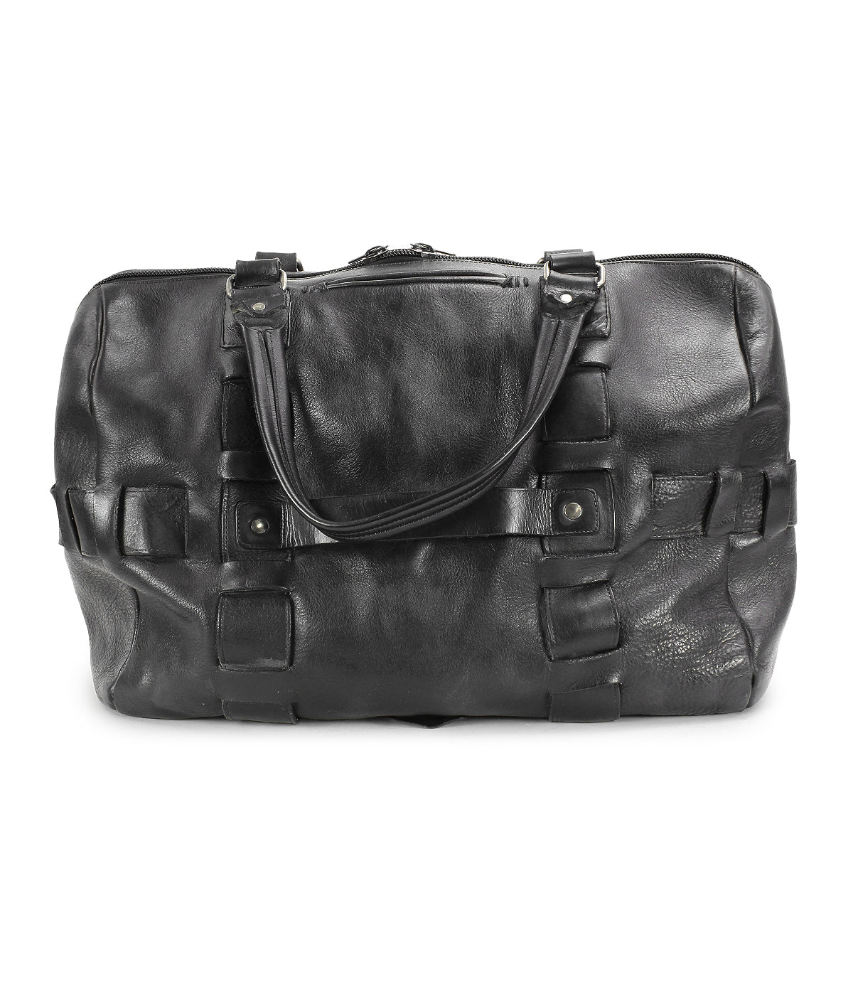 The Bed|Stü Keg is a black leather duffle travel bag featuring dual handles, front buckle accents, and a zippered top closure, expertly crafted from premium vegetable-tanned leather and showcased against a white background.