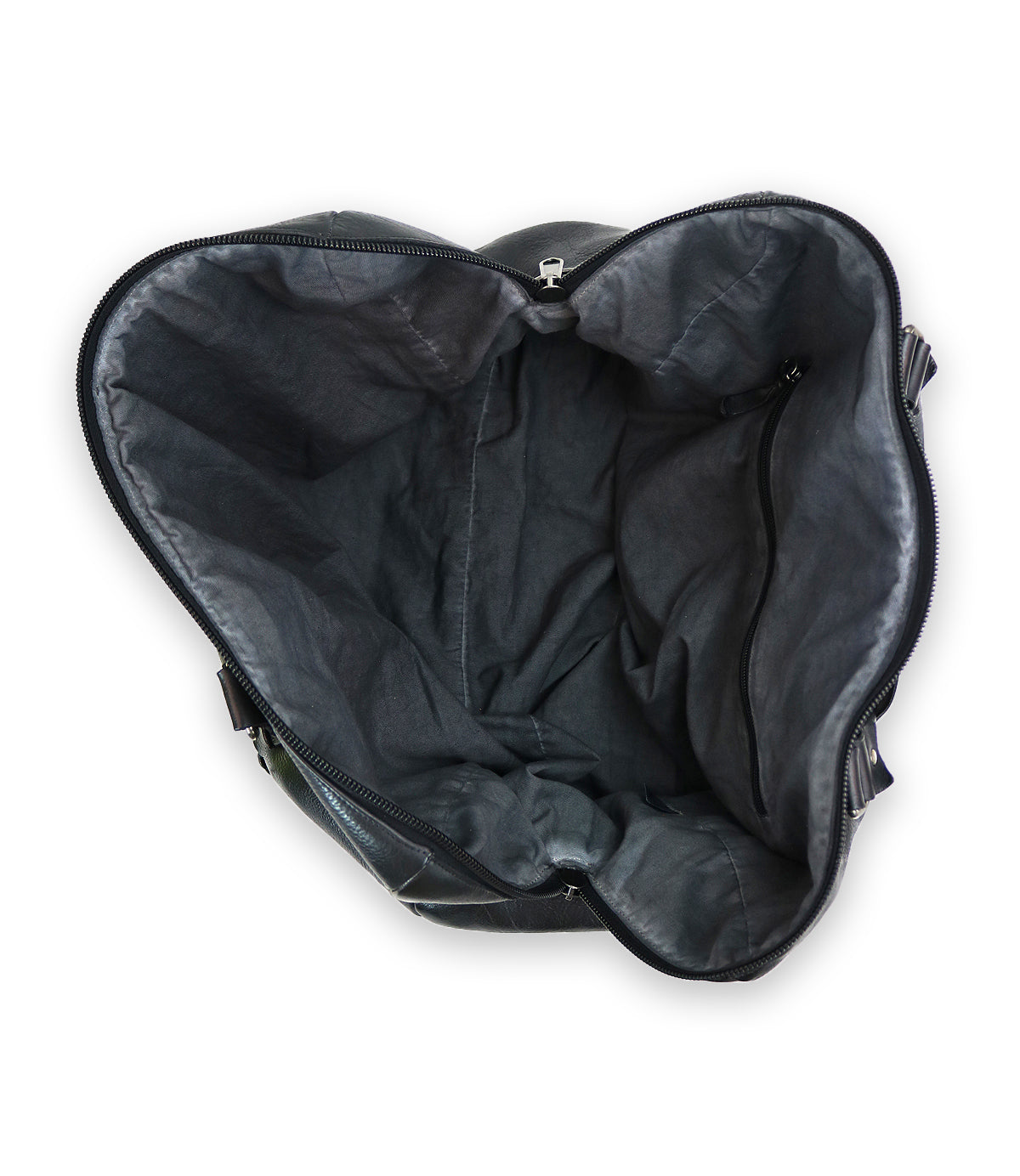 Open, empty Bed|Stü Keg black leather duffle bag viewed from above, showcasing the interior fabric lining and a zippered side pocket—crafted from premium vegetable tanned leather for lasting durability.