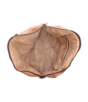 Top view of an open, empty Bed|Stü Keg brown leather duffle bag with a visible fabric-lined interior and a zipper around the edge, perfect as a stylish travel bag.