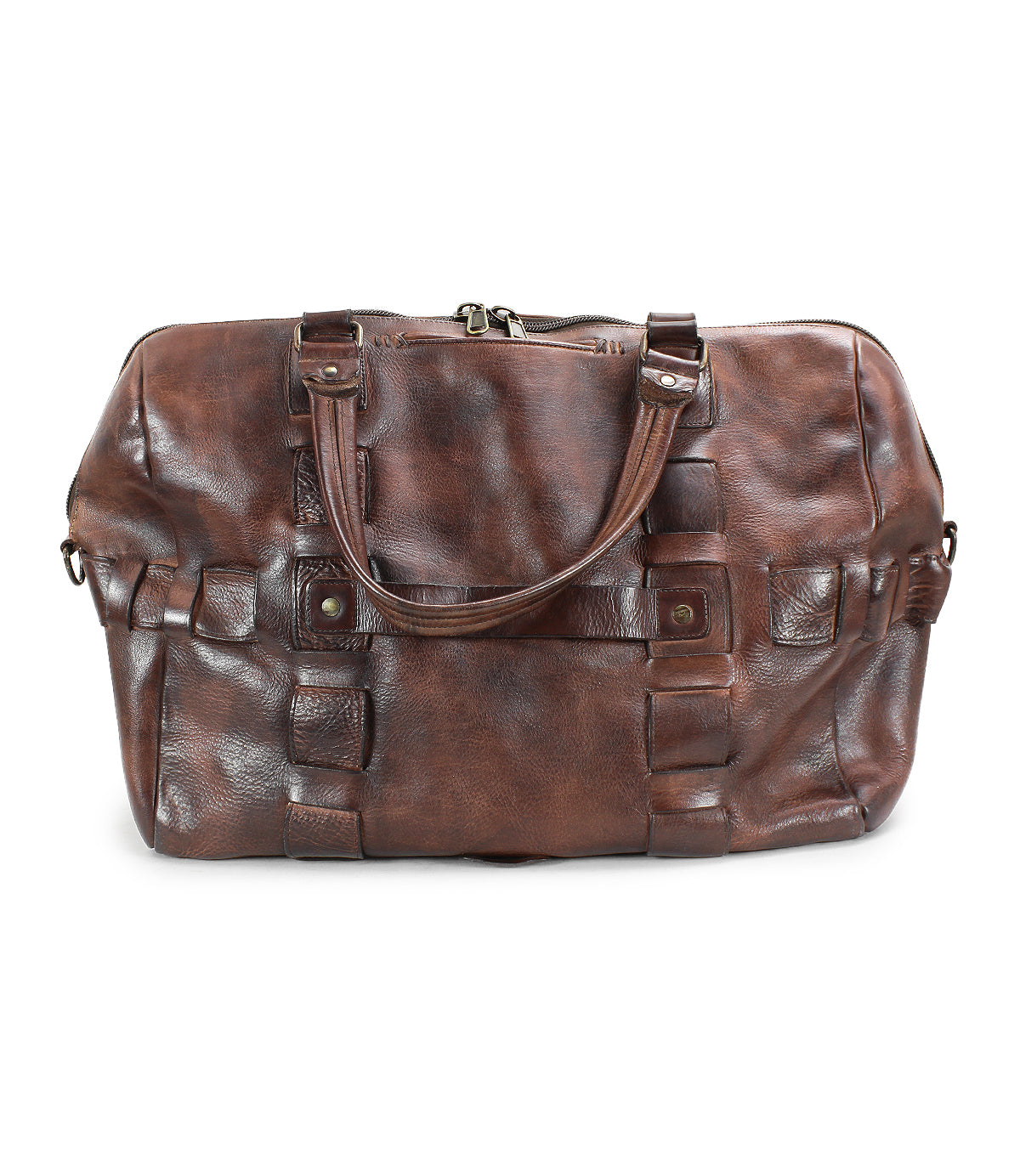 Bed|Stü Keg is a brown leather duffle bag crafted from vegetable-tanned leather, featuring dual handles, side rings for an optional shoulder strap, and a zippered top closure. This travel bag showcases a textured finish with visible stitching.