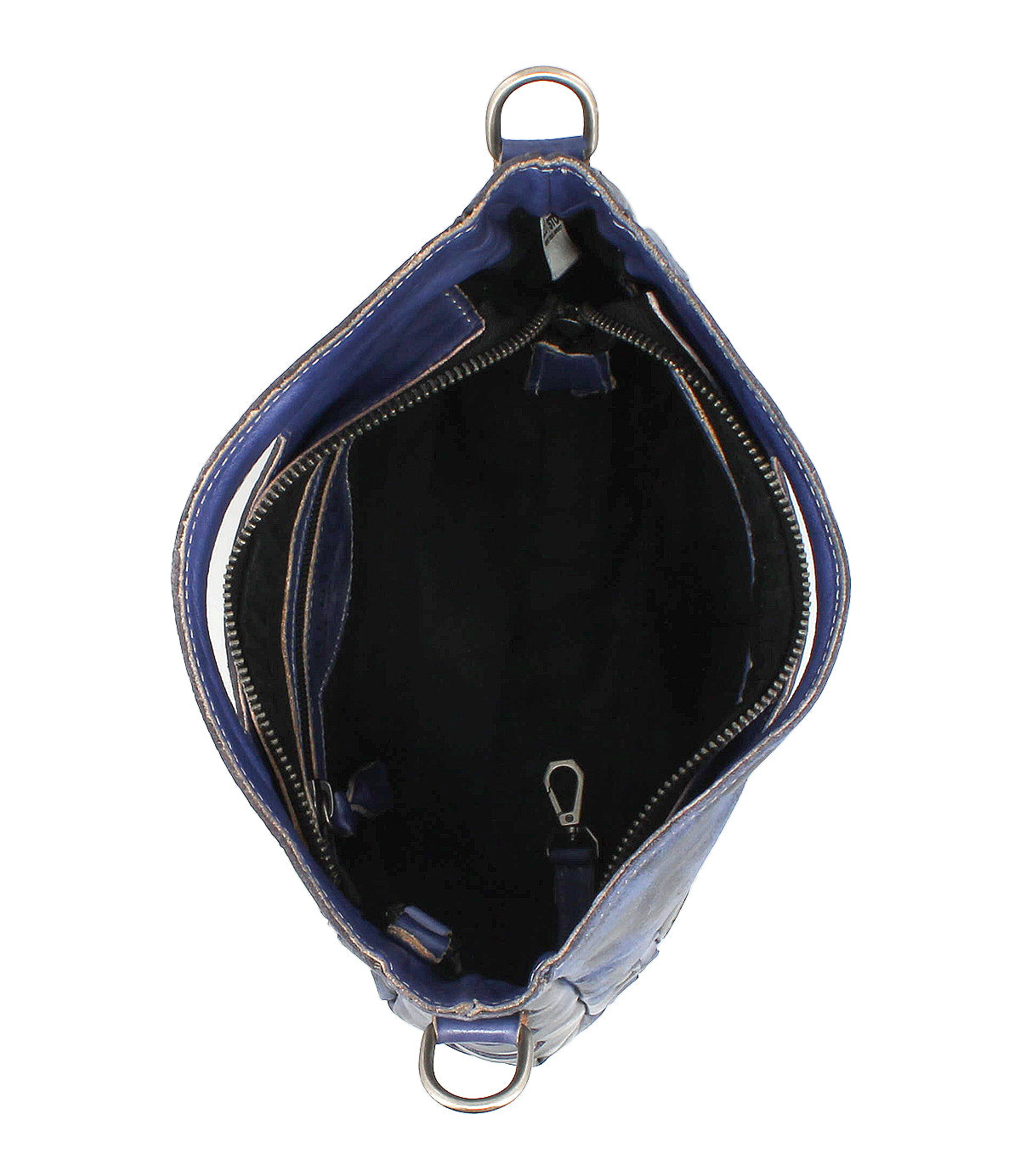 Top view of the Bed|Stü Keiki crossbody bag in blue checkerboard, featuring a zippered pocket, black interior lining, adjustable strap, and an interior metal key clip.