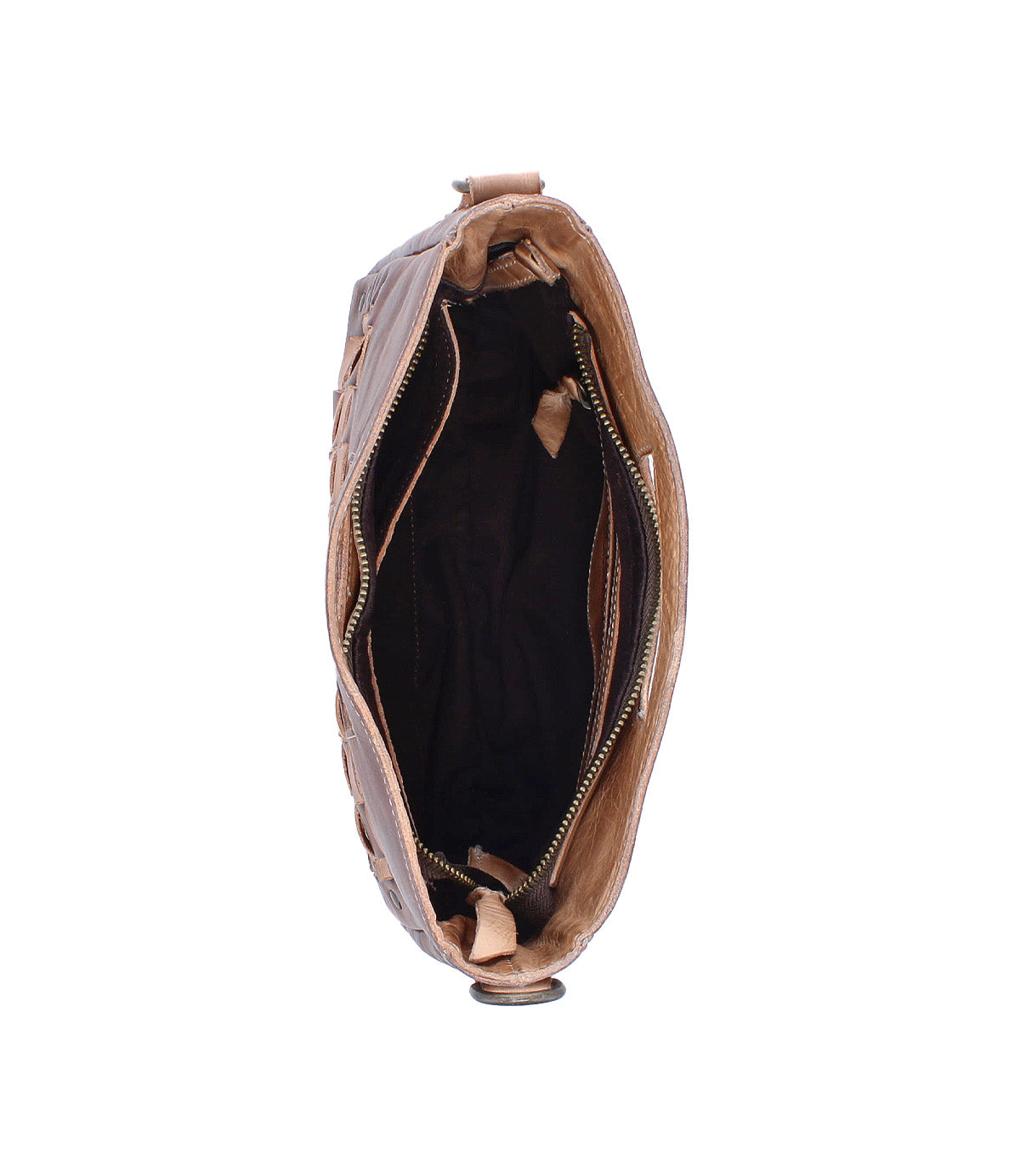 The Bed|Stü Keiki brown leather handbag is pictured from above with its zip-top closure open, showcasing a roomy, dark-lined interior highlighted by tan pocket accents.