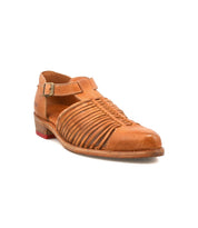 The Kenna by Bed|Stü is a brown leather closed-toe sandal featuring woven cutouts along the sides, an adjustable ankle strap with buckle, a low heel, and a small red accent on the sole.