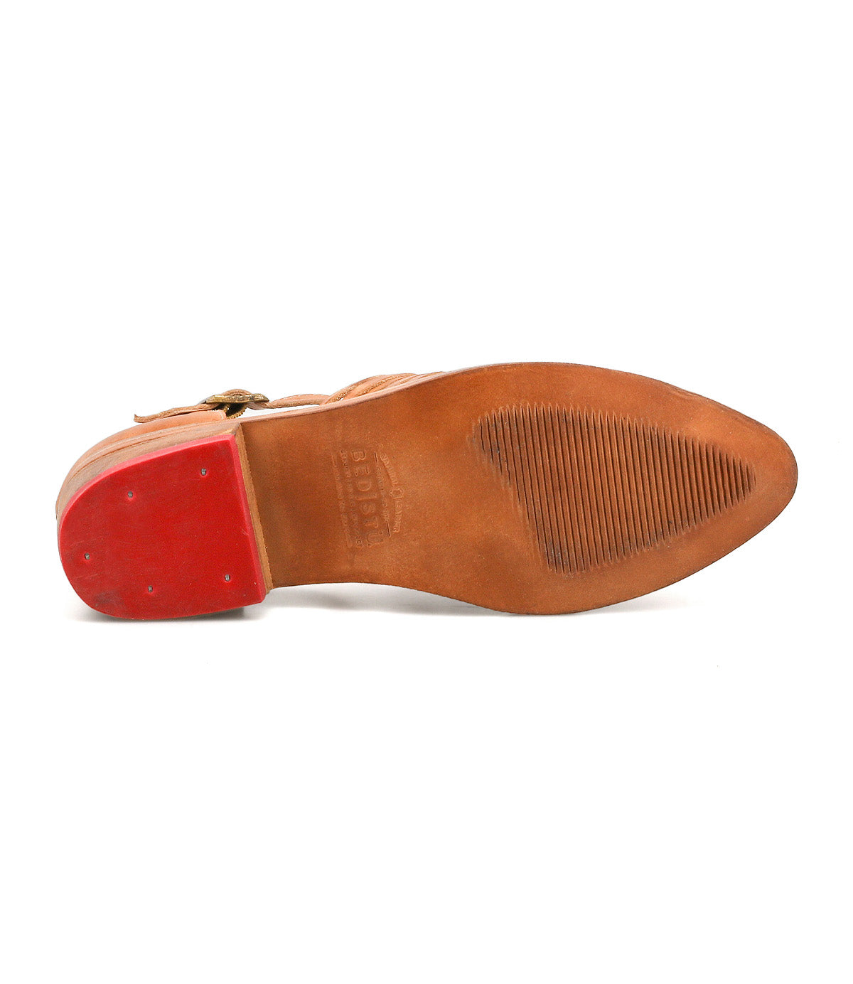 Bottom view of the Bed|Stü Kenna, a brown leather closed-toe loafer featuring a red heel, textured section under the ball of the foot, woven cutout accents for added detail, and a smooth leather sole.