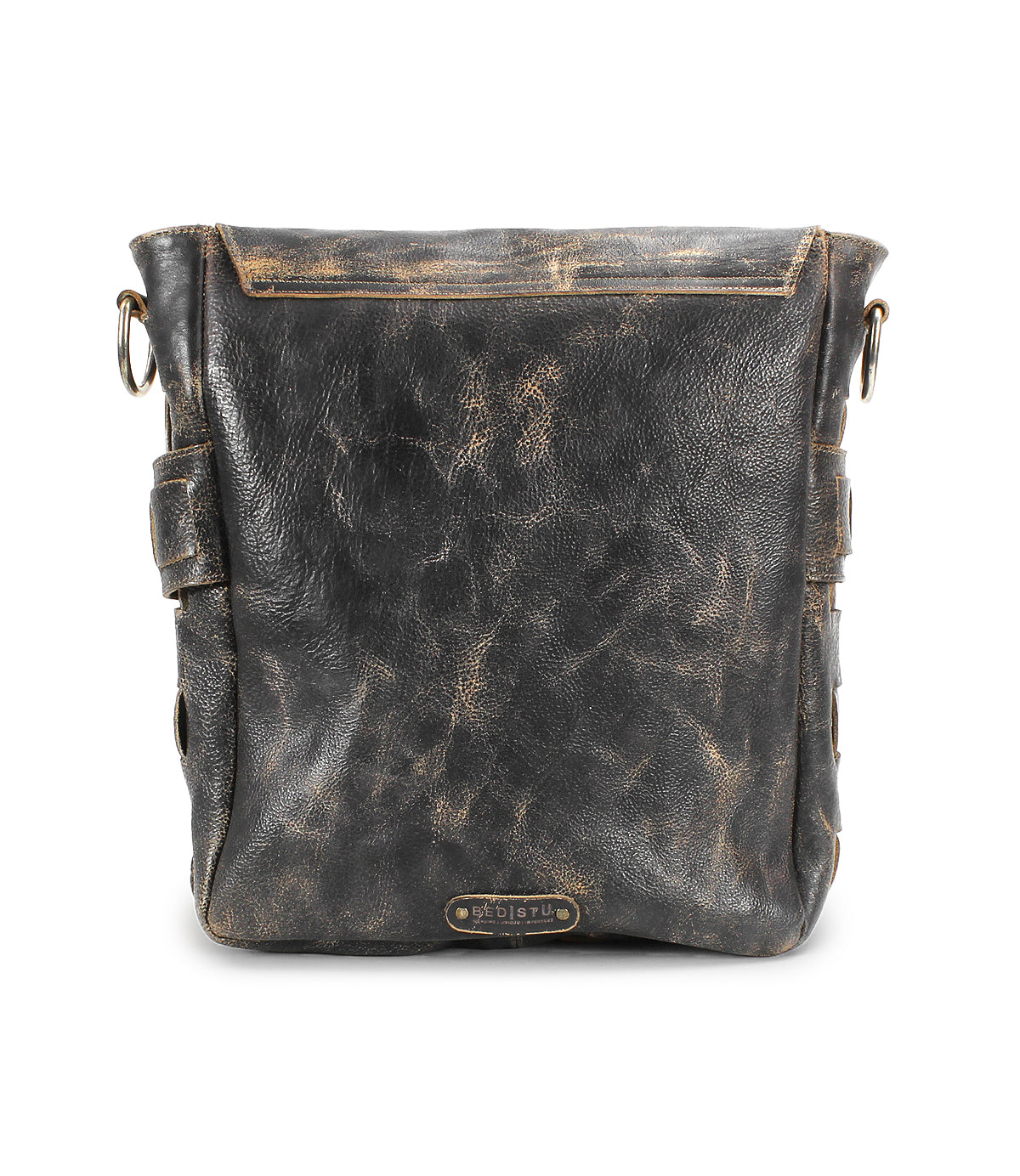 Introducing the Kure messenger bag by Bed|Stü – a distressed black leather bag crafted from vegetable-tanned leather, featuring a front zipper pocket, side buckles, metal loops, a small Bed|Stü brand tag at the bottom, and a distinctive handwoven strap for added style and durability.