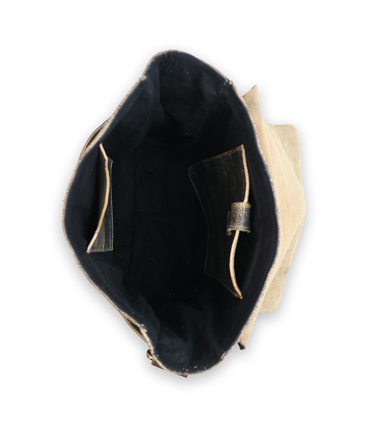Top view of the Kure messenger bag by Bed|Stü, crafted from premium beige vegetable-tanned leather, featuring a black interior with two side pockets and a distinctive handwoven strap.