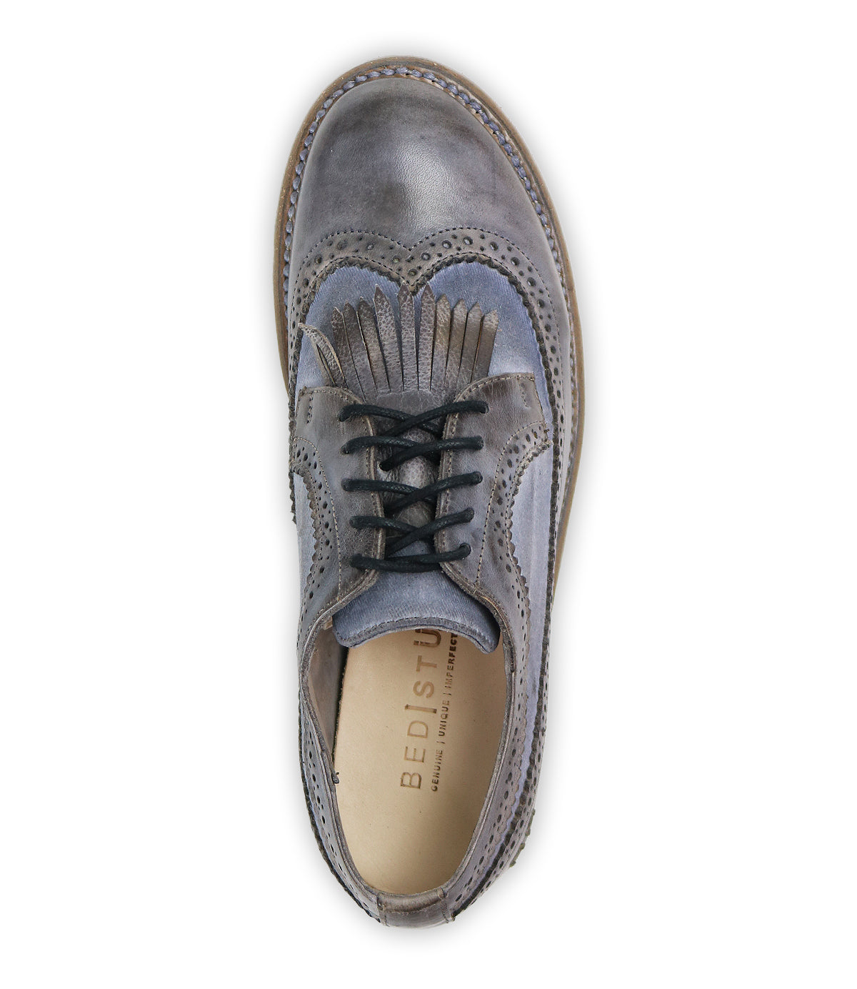 Top view of the Lita K oxford shoe by Bed|Stü in gray leather, featuring an elegant wingtip toe, intricate brogue details, black laces, and "BED|STÜ" visible on the insole—a timeless classic from the brand’s signature collection.